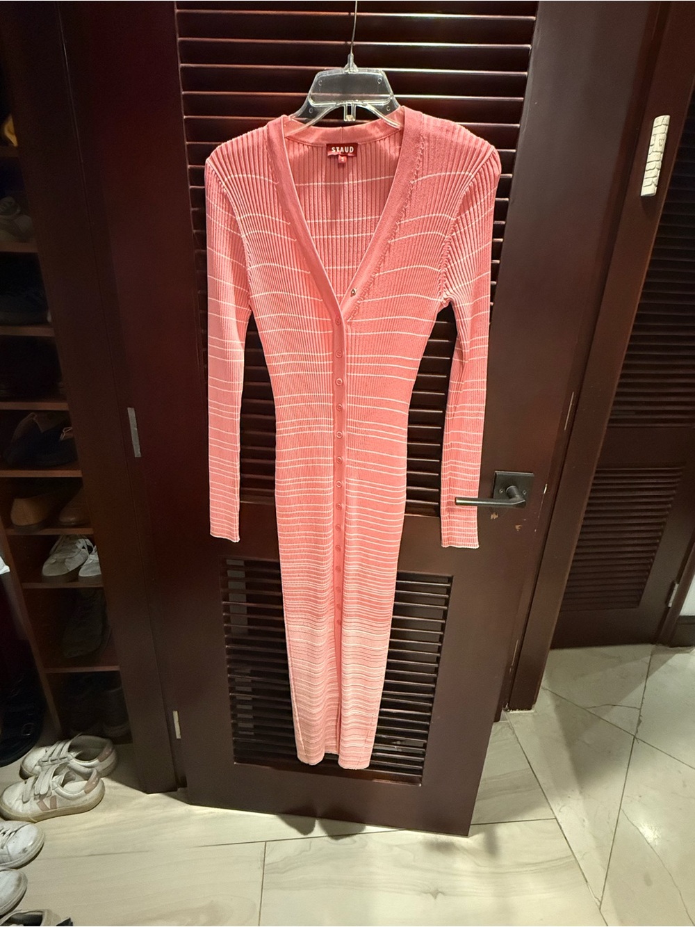 STAUD Pink Ribbed Button-Front Maxi Dress